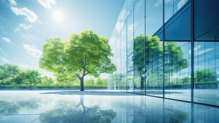 A modern cityscape featuring an eco-friendly glass office building adorned with trees to reduce carbon dioxide emissions.