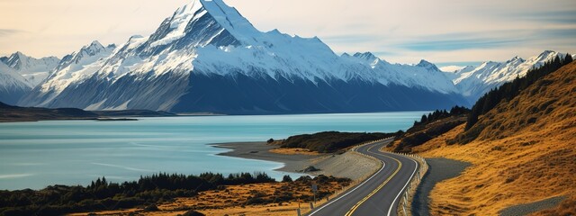 Scenic winding road along Lake Pukaki to Mount Cook National Park, South Island, - obrazy, fototapety, plakaty