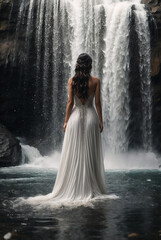 A woman wearing a white dress stands near a waterfall, looking at it with her back turned. The scene is captured in black and white, highlighting the beauty of the waterfall and the elegance of the dr