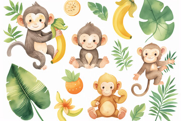 Naklejka premium This captivating watercolor set features playful monkeys in various poses with tropical fruits and lush foliage, evoking a joyful jungle theme.