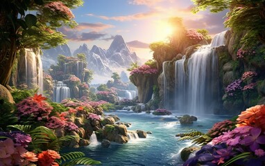 Paradise landscape with beautiful gardens, waterfalls and flowers, magical idyllic background with many flowers in eden - obrazy, fototapety, plakaty