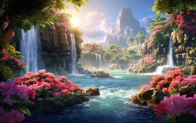 Paradise landscape with beautiful gardens, waterfalls and flowers, magical idyllic background with many flowers in eden - obrazy, fototapety, plakaty