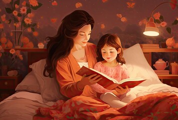 Obraz na płótnie Canvas A tender moment captured as a loving mom reads enchanting bedtime stories to her children.