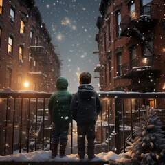 Two kids looking at the snow falling, winter, family, Christmas  