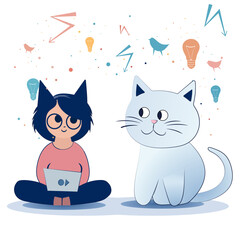 Girl and cat sitting with laptop