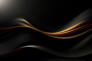 Abstract 3d luxury premium background, black flowing curved waves, golden accent, lighting effect