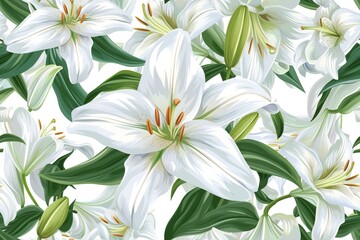 Fototapeta na wymiar Delicate white lilies, seamless patterns, convey the beauty of nature in spring with the feel of blooming in summer.