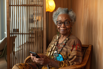A senior African American woman with her cellphone, in the minimalist elegance Nordic-designed apartment.