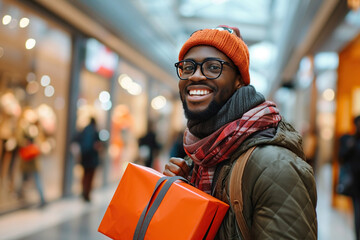 Young African American man enjoying in shopping gifts at mall