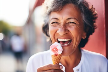 smiling senior woman licking a strawberry ice cream outdoors