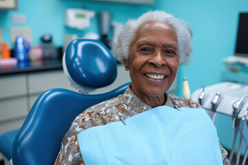 Satisfied African American senior woman at dentist's office looking at camera - obrazy, fototapety, plakaty
