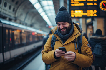 Happy man texting on smart phone at train station