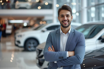 Young happy salesman working at car dealership and looking at camera