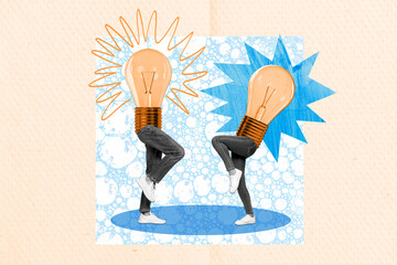 Horizontal weird funny photo collage of two headless people with light bulb instead of body dance...
