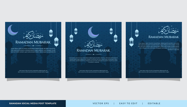 set of ramadan kareem greeting text background design with islamic ornament and lantern in luxury color blue template