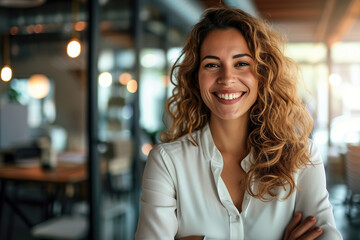 Confident professional in office environment smiling at camera