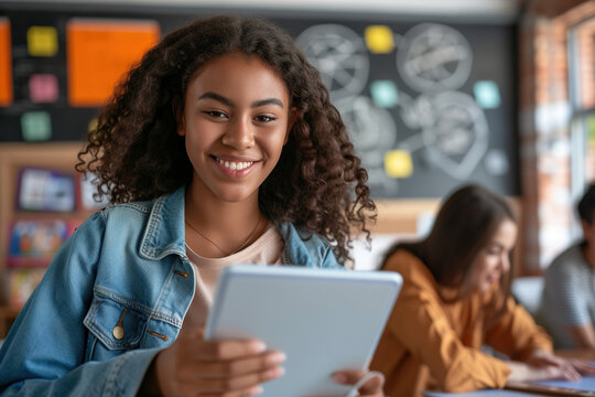 Happy high school African American teacher using digital tablet and looking at camera