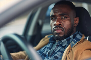 Emotional African American man driving a car, had an accident. Sad driver stuck in traffic.