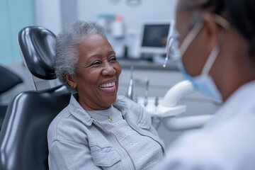 Senior African American woman talking to her dentist during appointment at dental clinic - obrazy, fototapety, plakaty