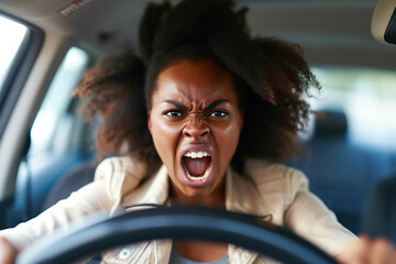 Obraz premium Furious African American woman. Emotional woman feeling extremely furious while driving near crazy dangerous driver