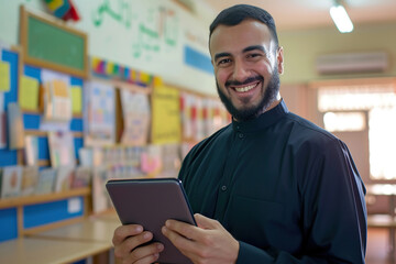 Happy high school Arabian teacher using digital tablet and looking at camera