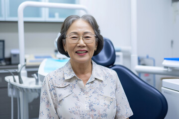 Satisfied Korenian senior woman at dentist's office looking at camera