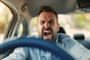 Furious Latin man. Emotional man feeling extremely furious while driving near crazy dangerous driver - obrazy, fototapety, plakaty