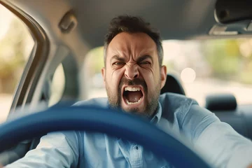 Fotobehang Furious Latin man. Emotional man feeling extremely furious while driving near crazy dangerous driver © wolfhound911