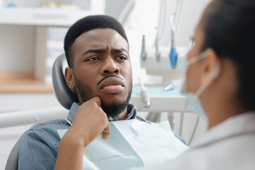 African American Man complaining about toothache during appointment at dentist's office