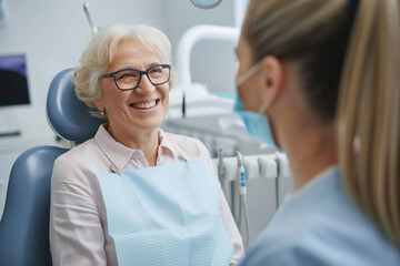 Obraz premium Senior woman talking to her dentist during appointment at dental clinic