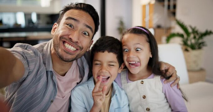 Funny face, siblings or father in selfie with kids in lounge or home on social media together for memory. Parent, joy or dad with happy family for picture or photograph with love, vlog or children
