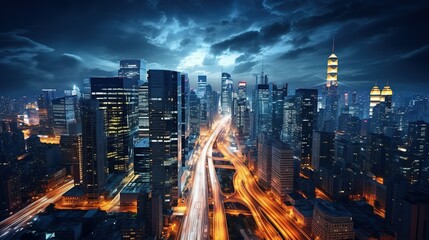 Fototapeta na wymiar Overhead drone shot, a bustling cityscape at night, glittering lights, towering skyscrapers, traffic trails, New York City, crisp details, DJI Mavic Air 2, long