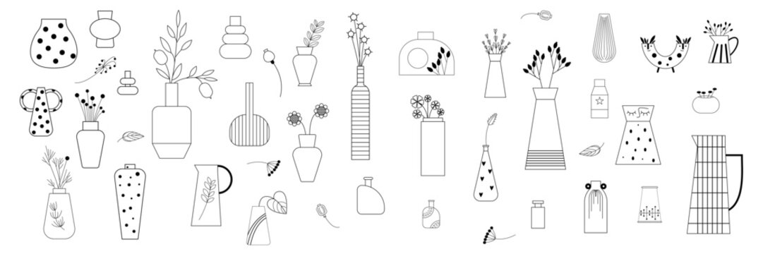 Minimalistic natural and ceramic vector big set with graphic, abstract, whimsical, dry flowers in different shape vases.