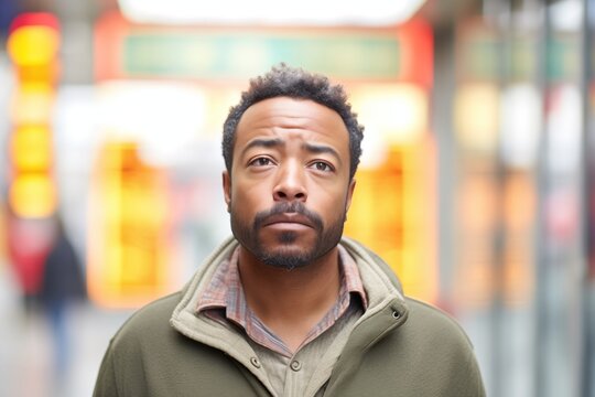 man with a lost expression in front of foreign currency exchange