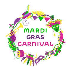 Vector color lettering for Mardi Gras carnival.Mardi gras party design. Collection of french traditional mardi gras symbols.