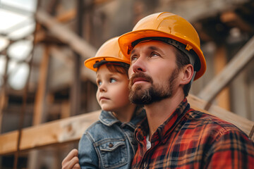 A sunny day on the construction site captures the essence of an engineer builder family, with father and son working together to shape a brighter future - obrazy, fototapety, plakaty