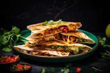 Stack of slices of delicious quesadilla on a plate, close up