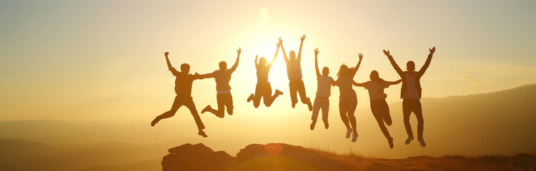Fototapeta premium group of people jumping high against the sunset