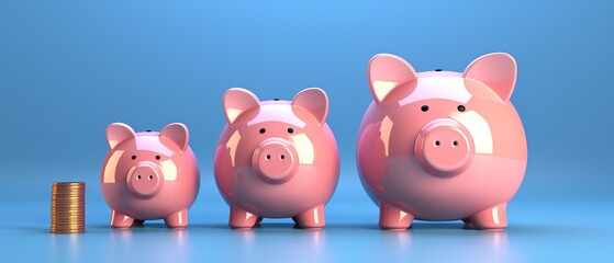 funny pink piggy bank on a blue background, financial piggy bank in the style of a ceramic pig with coins