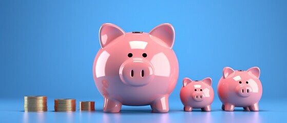 funny pink piggy bank on a blue background, financial piggy bank in the style of a ceramic pig with coins
