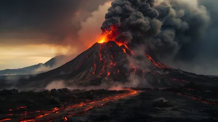 Poster burning volcano in the volcano natural disaster situation, Disaster aftermath landscape, Emergency response scene, Catastrophic event aftermath, Disaster recovery operation, Devastation and cleanup, © Gohgah