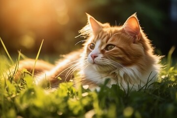 Obraz premium Happy ginger tabby cat lying on the grass and enjoying the sun