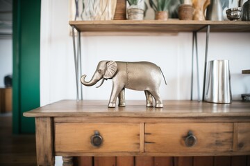 a silver metal elephant standing on a wooden shelf