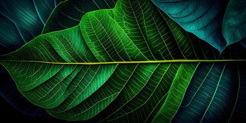 abstract green leaf texture, nature background, tropical leaf. Generative AI.
