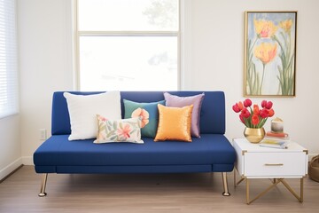 cobalt blue convertible sofa with golden metal legs in a guest room