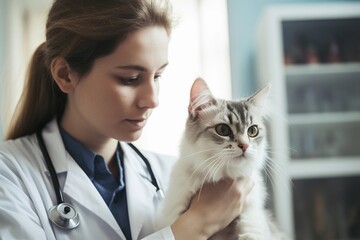 Female veterinarian carefully examining fluffy tabby cat in veterinary clinic.