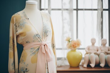 mannequin in vernal maternity wear, soft colors, baby accessories around