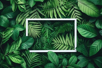 Botanical Square Frame Composition: Elevate your advertising cards or invitations with a creative layout showcasing vibrant green leaves encircling a clean white square frame