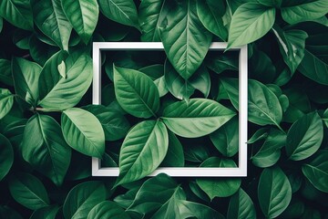 Leafy Square Frame Elegance: A creatively laid-out design featuring lush green leaves arranged around a crisp white square frame, perfect for flat lay compositions ideal for advertising cards or invit