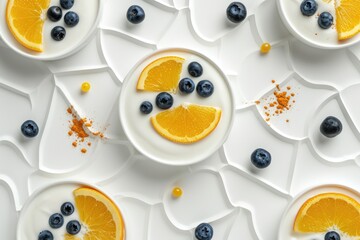 Yogurt with Blueberries and Orange Slices Flatlay. Flatlay of white yogurt topped with blueberries and fresh orange slices, garnished with mint, on a clean background.

